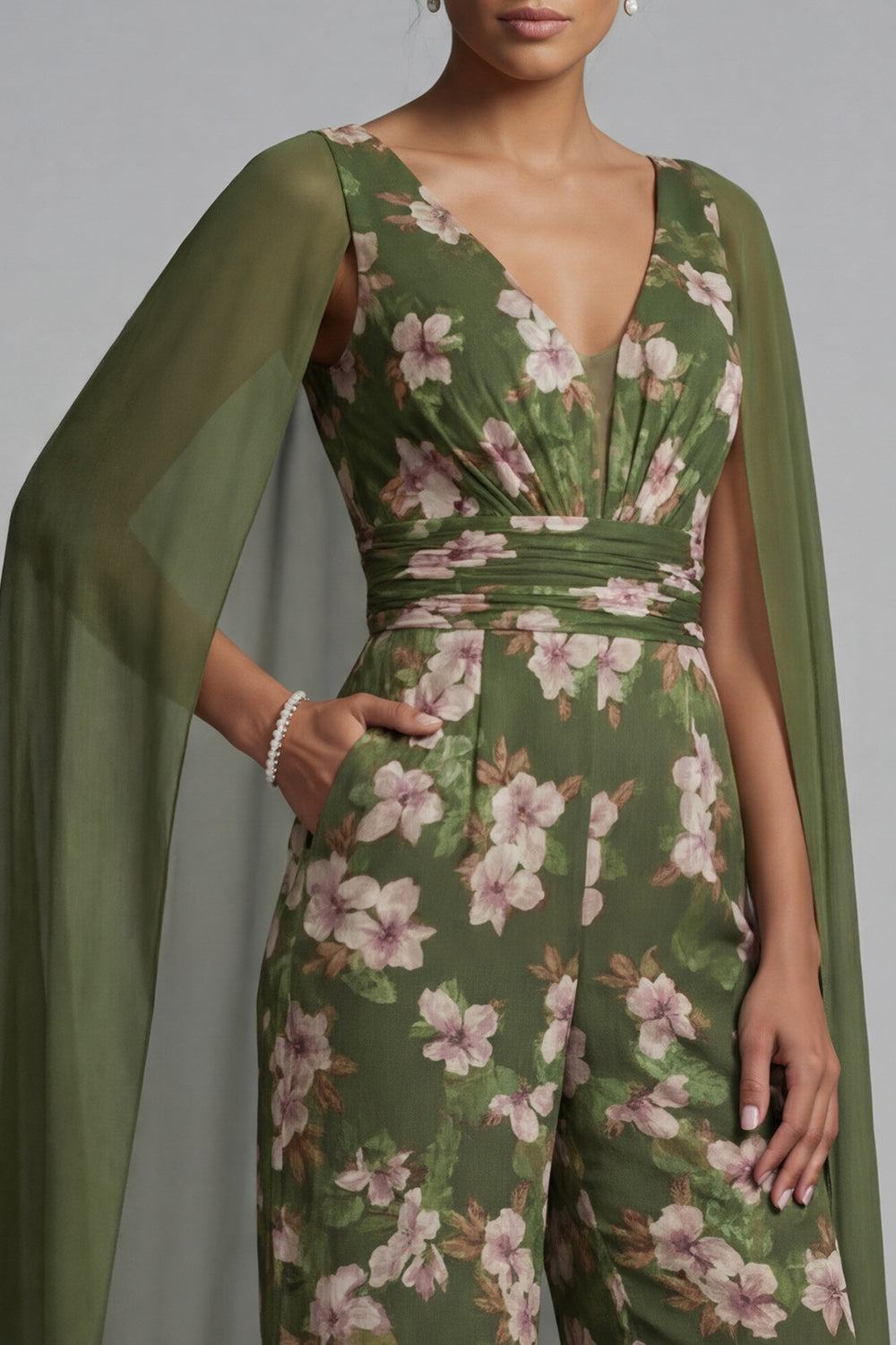 Eucalyptus Floral V-Neck Ruched Mother of the Bride Jumpsuits with Pockets