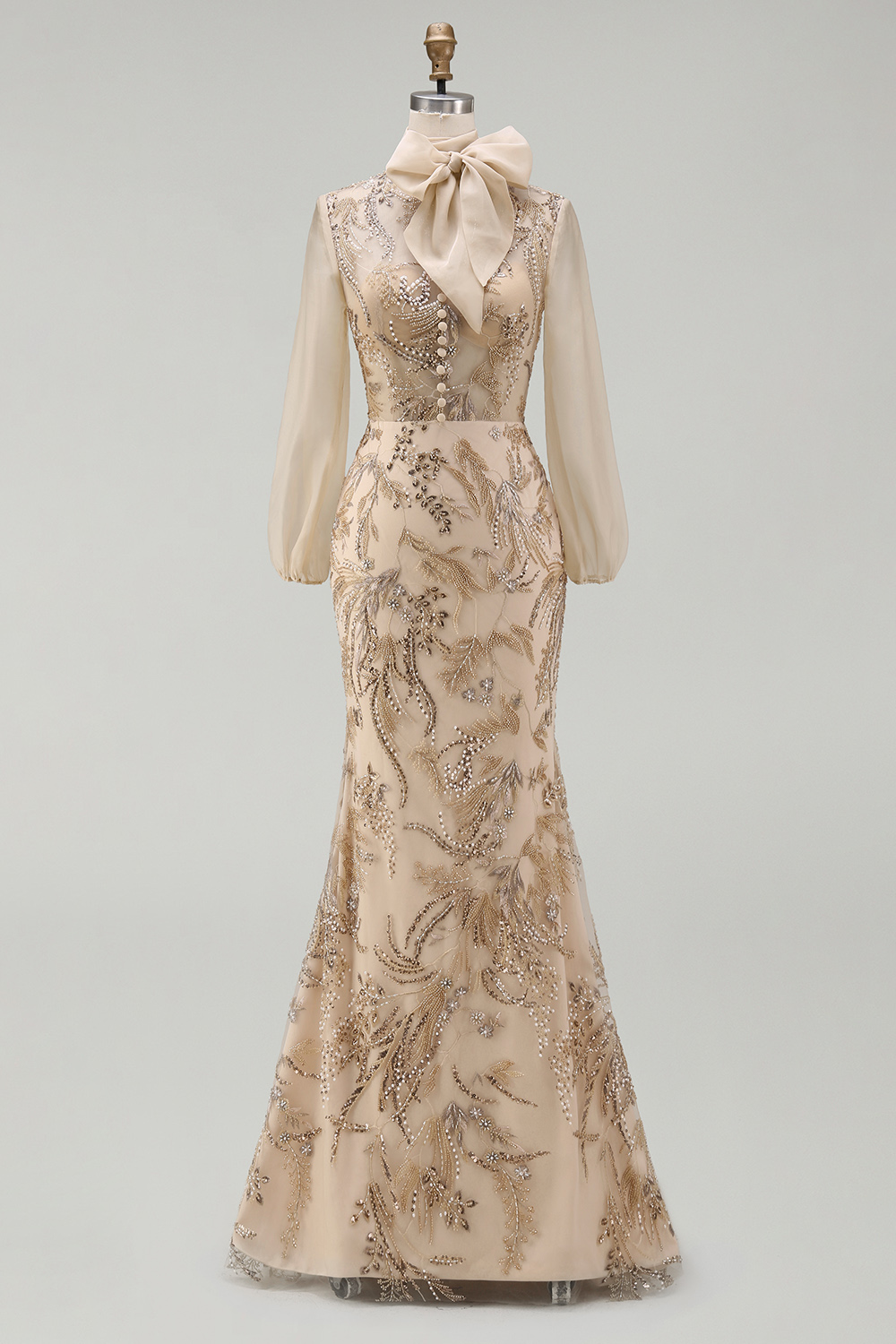 Sparkly Champagne Beaded Floral Mermaid Long Mother of the Bride Dress with Bow