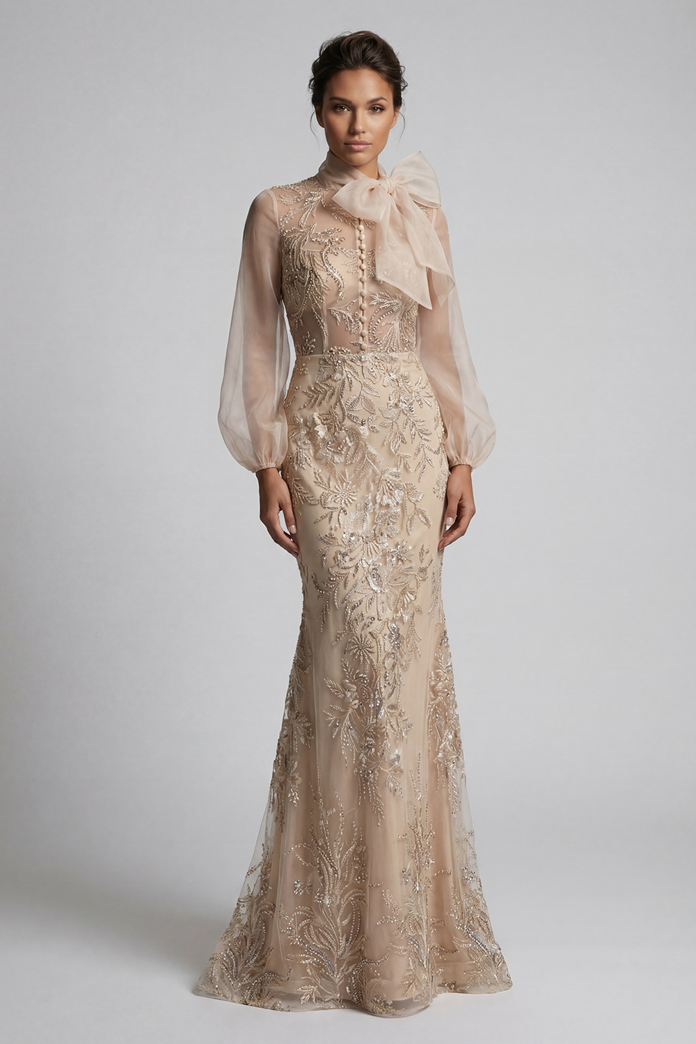 Sparkly Champagne Beaded Floral Mermaid Long Mother of the Bride Dress with Bow