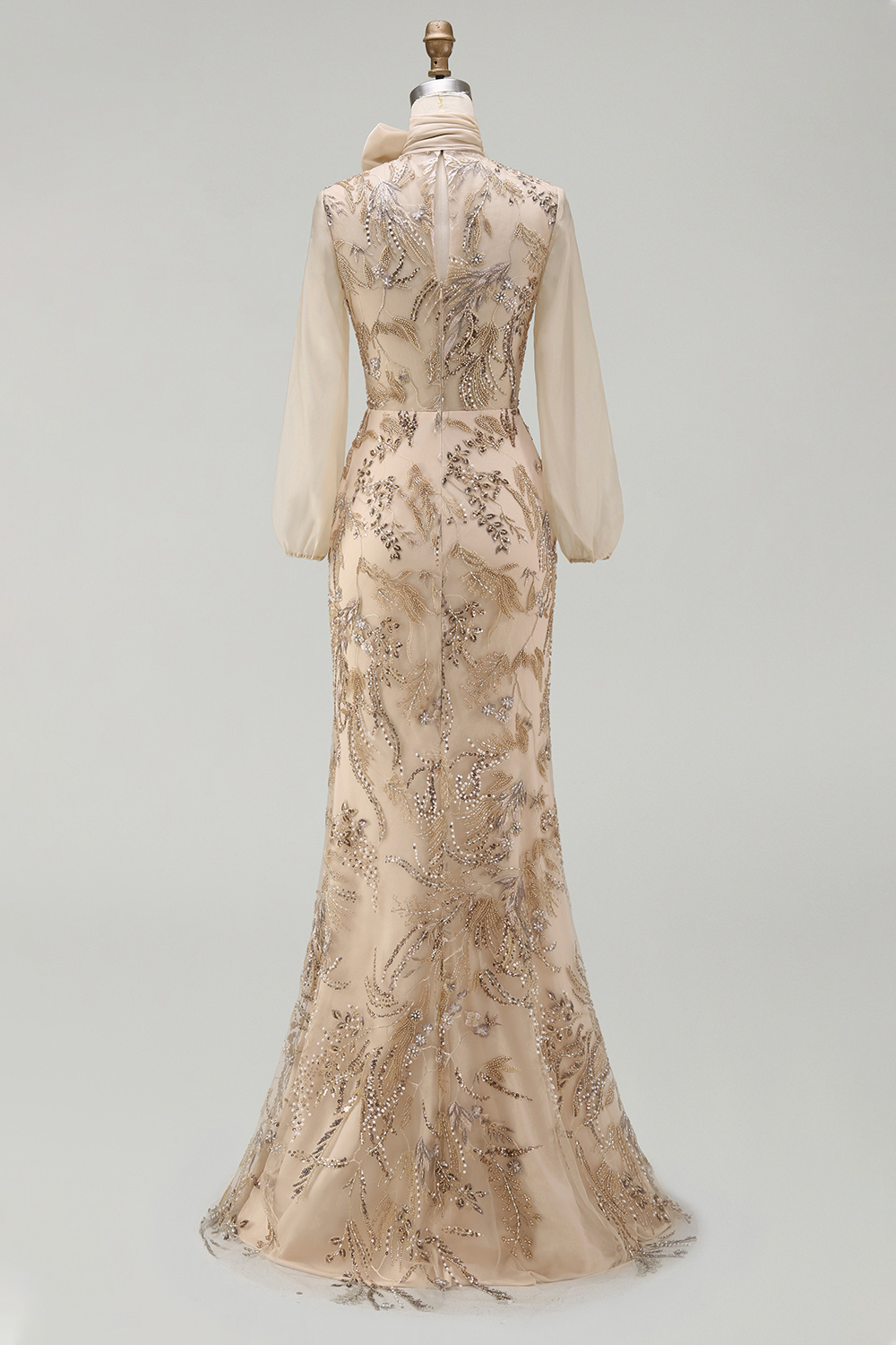 Sparkly Champagne Beaded Floral Mermaid Long Mother of the Bride Dress with Bow