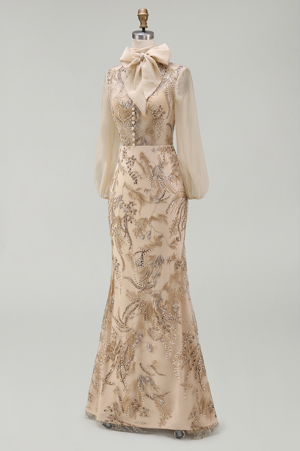 Sparkly Champagne Beaded Floral Mermaid Long Mother of the Bride Dress with Bow