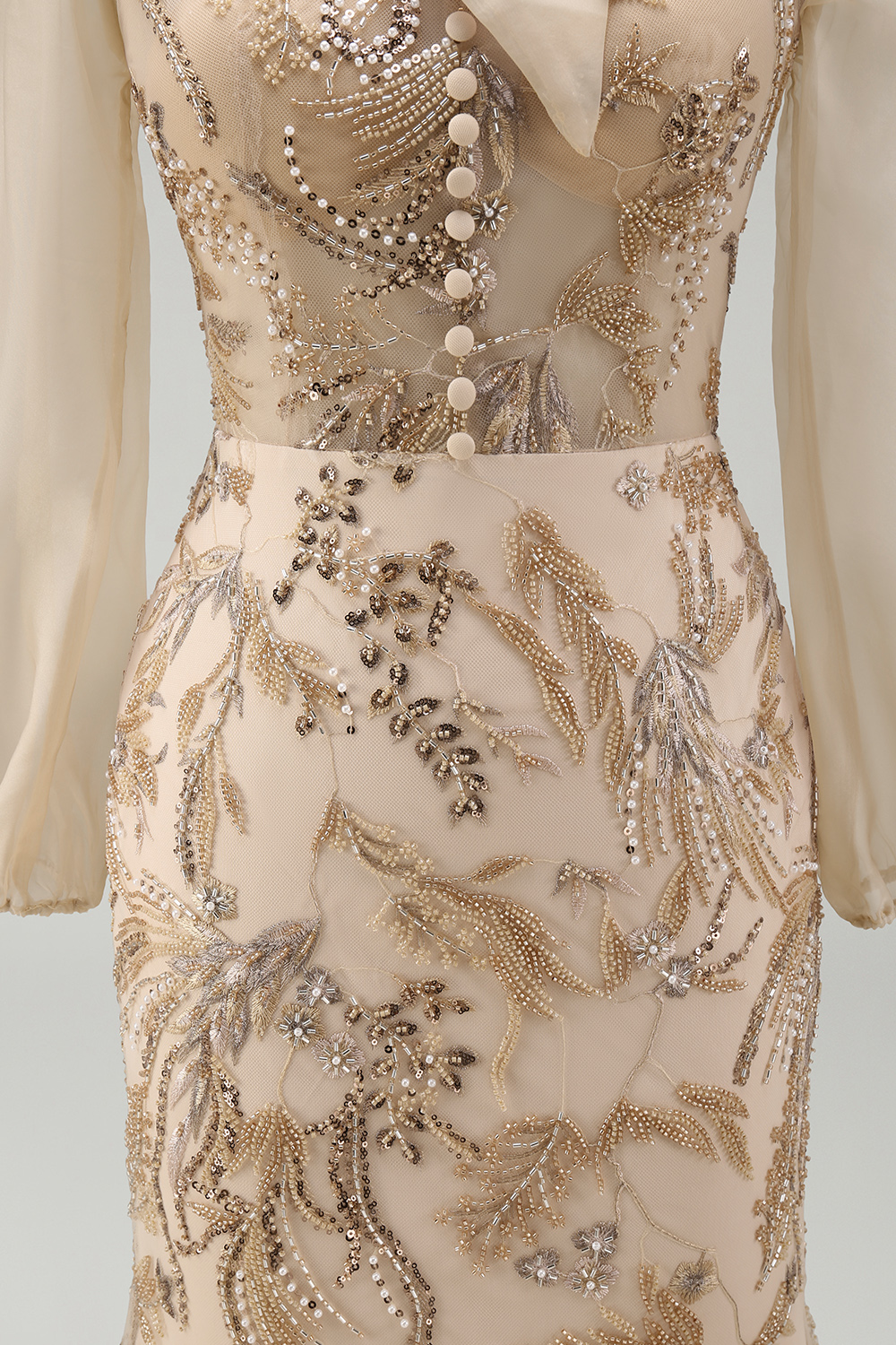 Sparkly Champagne Beaded Floral Mermaid Long Mother of the Bride Dress with Bow