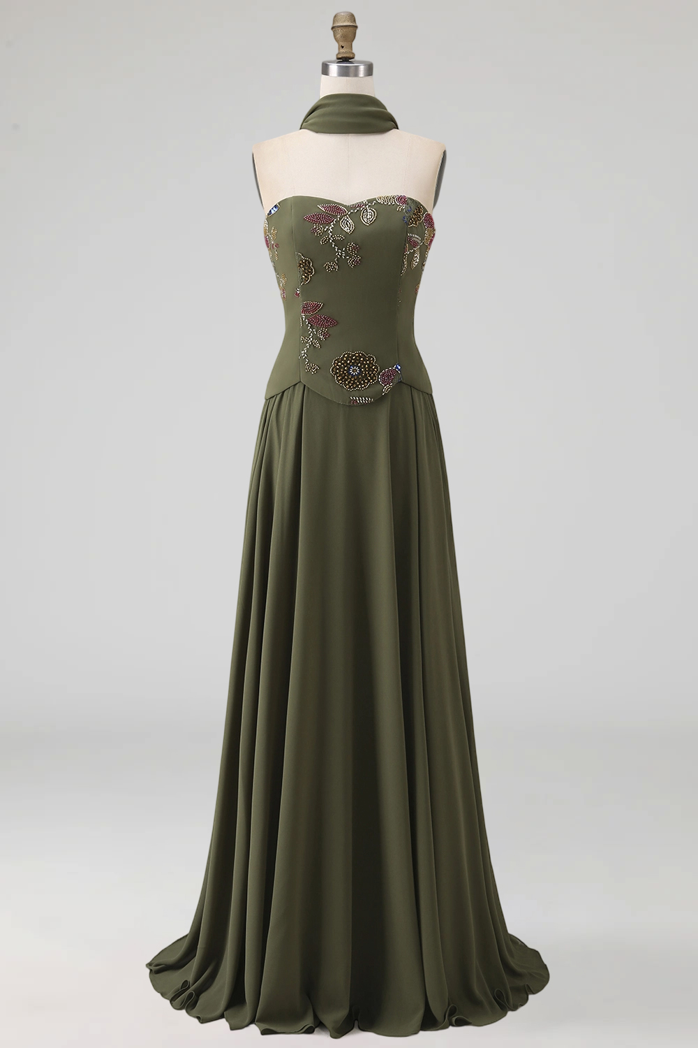 Olive Strapless Floral A Line Basque Wasit Long Mother of the Bride Dress with Beading