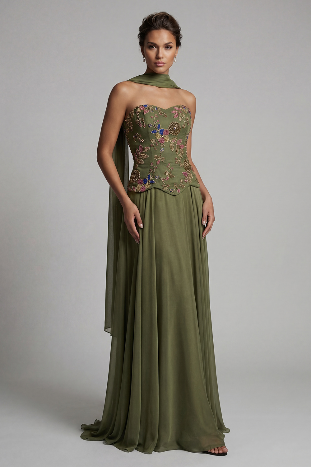 Olive Strapless Floral A Line Basque Wasit Long Mother of the Bride Dress with Beading