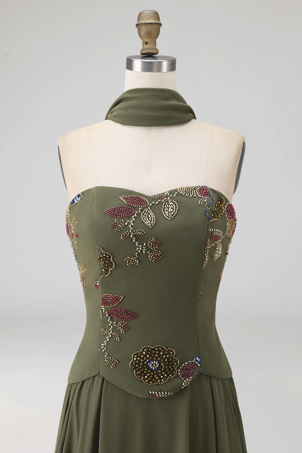 Olive Strapless Floral A Line Basque Wasit Long Mother of the Bride Dress with Beading