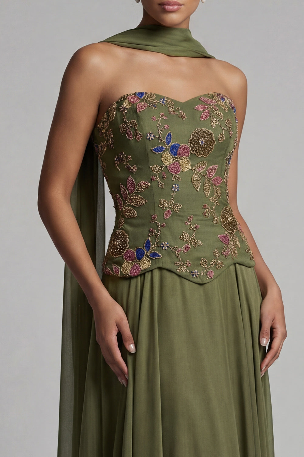 Olive Strapless Floral A Line Basque Wasit Long Mother of the Bride Dress with Beading