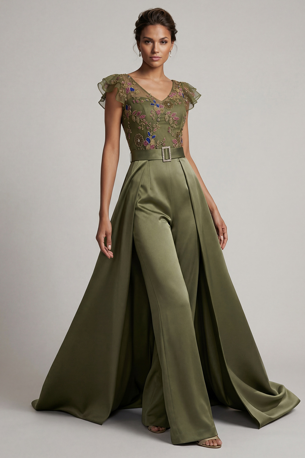 Olive Floral Beaded Ruffled V-Neck Mother of the Bride Jumpsuits with Cape