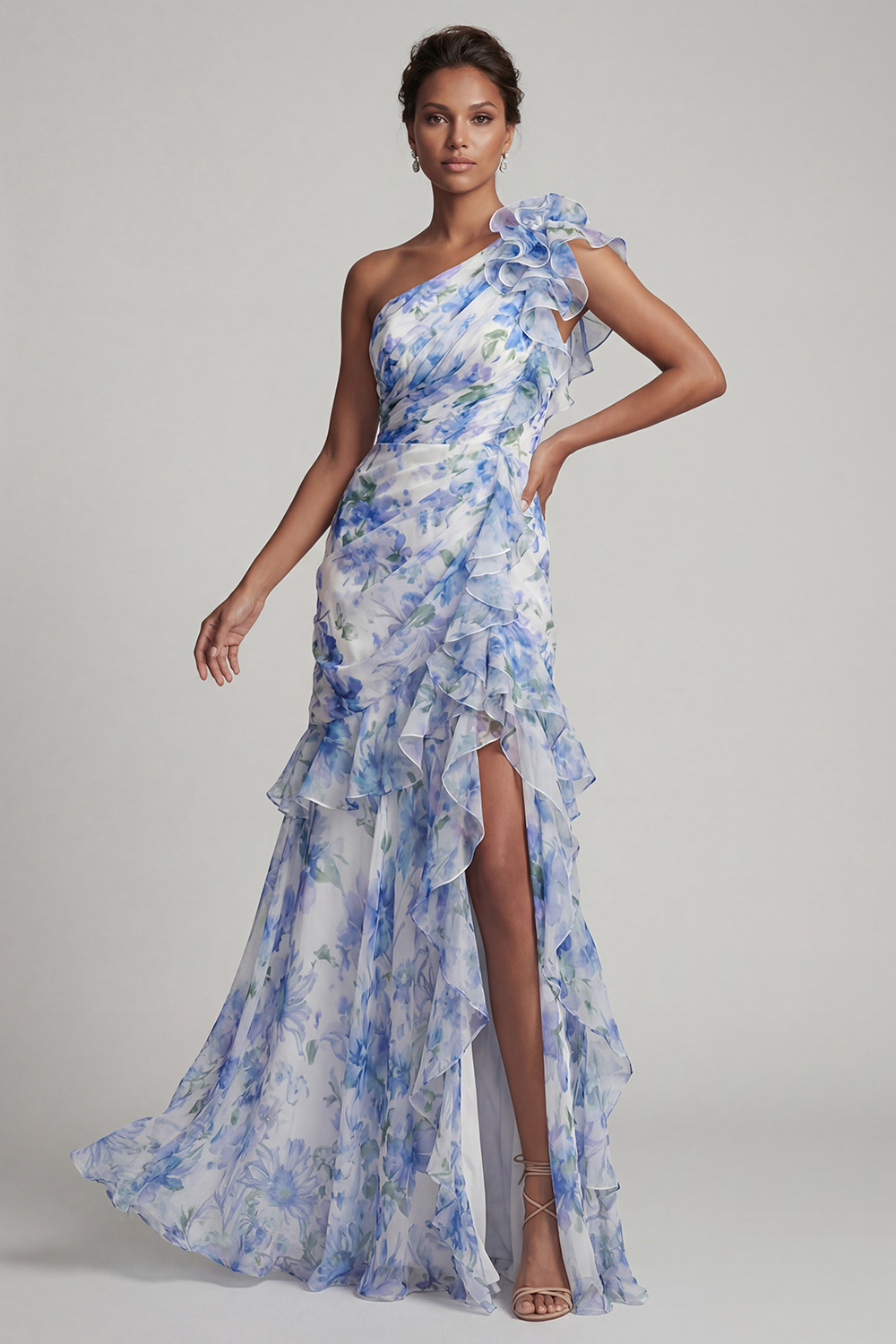Light Blue Floral Ruffled Sheath Ruched Long Mother of the Bride Dress with Slit