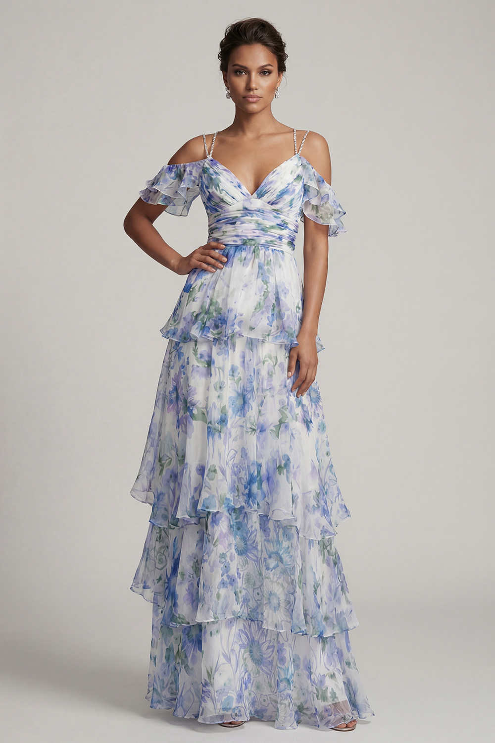 Light Blue Floral A Line Long Ruched Beach Mother of the Bride Dress with Ruffles
