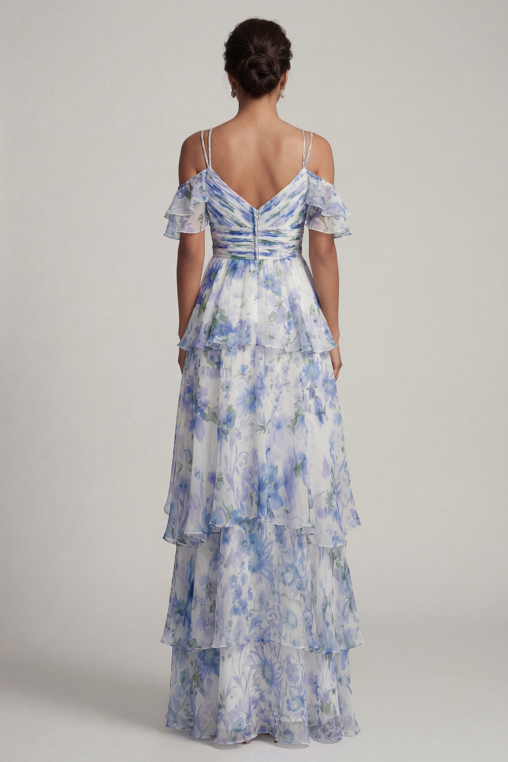 Light Blue Floral A Line Long Ruched Beach Mother of the Bride Dress with Ruffles
