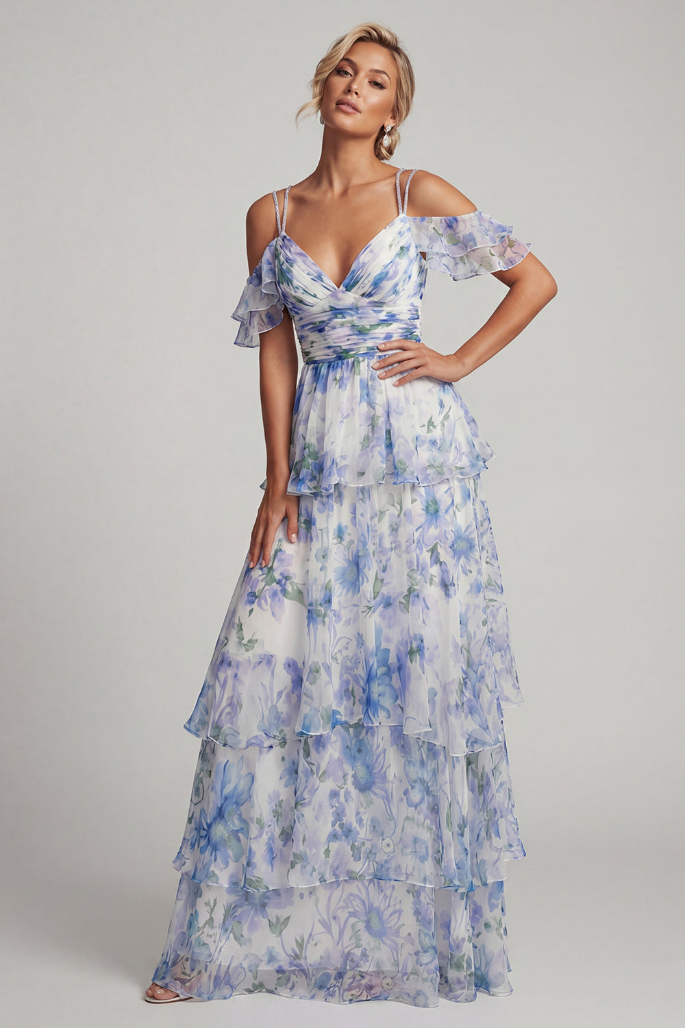 Light Blue Floral A Line Long Ruched Beach Mother of the Bride Dress with Ruffles
