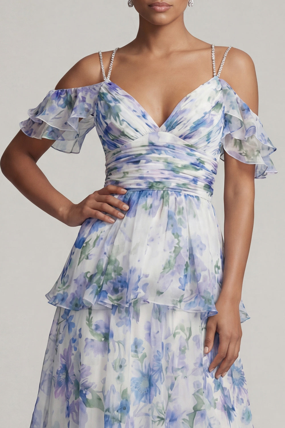 Light Blue Floral A Line Long Ruched Beach Mother of the Bride Dress with Ruffles