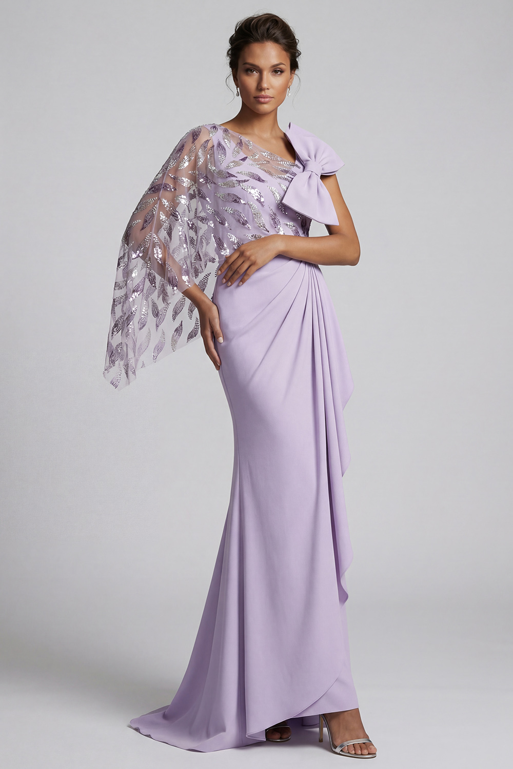 Sparkly Lilac Mermaid Ruffled Beaded Long Mother of the Bride Dress with Bow