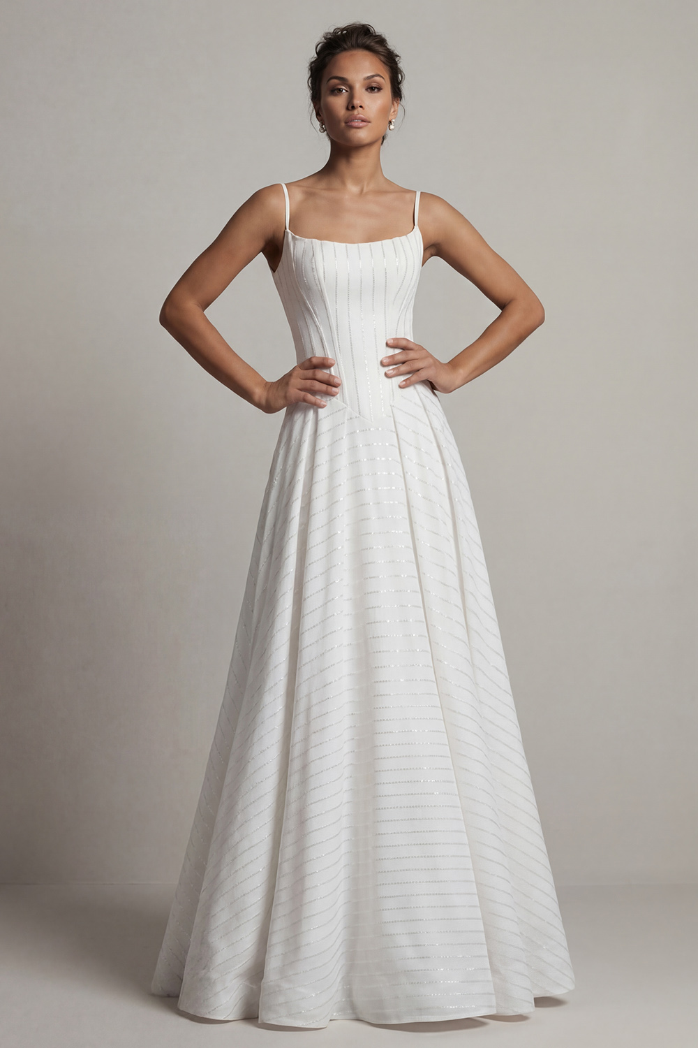 Sparkly White Corset Spaghetti Straps Basque Waist Long Beaded Mother of the Bride Dress