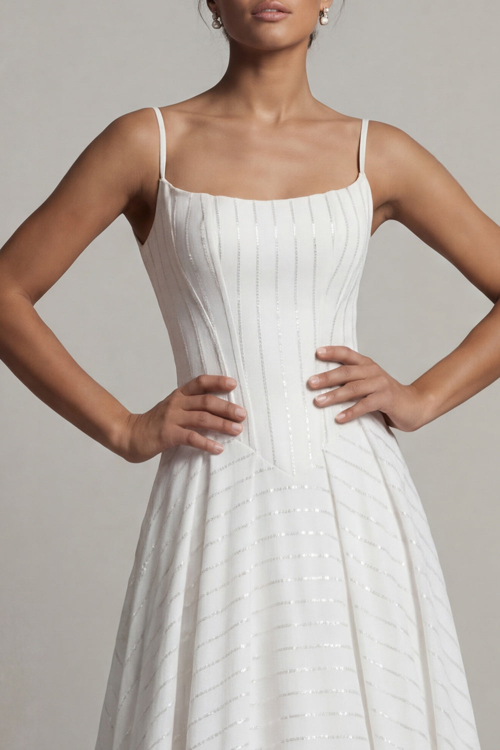 Sparkly White Corset Spaghetti Straps Basque Waist Long Beaded Mother of the Bride Dress