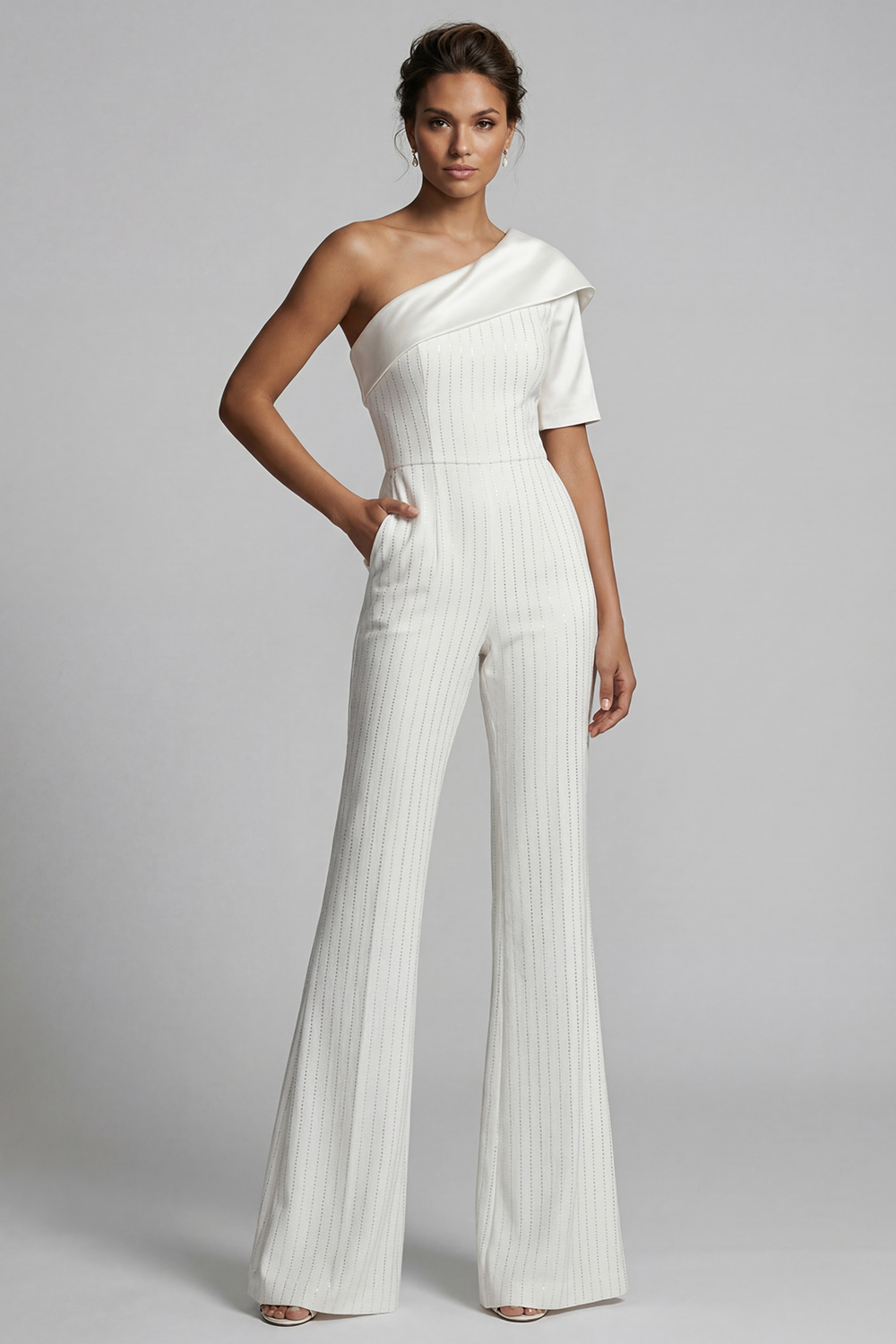 Sparkly White Beaded One Shoulder Mother of the Bride Jumpsuits with Pockets