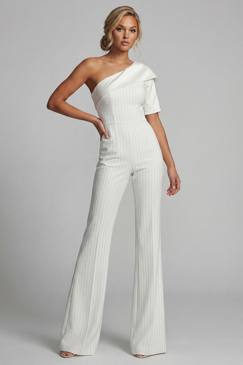 Sparkly White Beaded One Shoulder Mother of the Bride Jumpsuits with Pockets