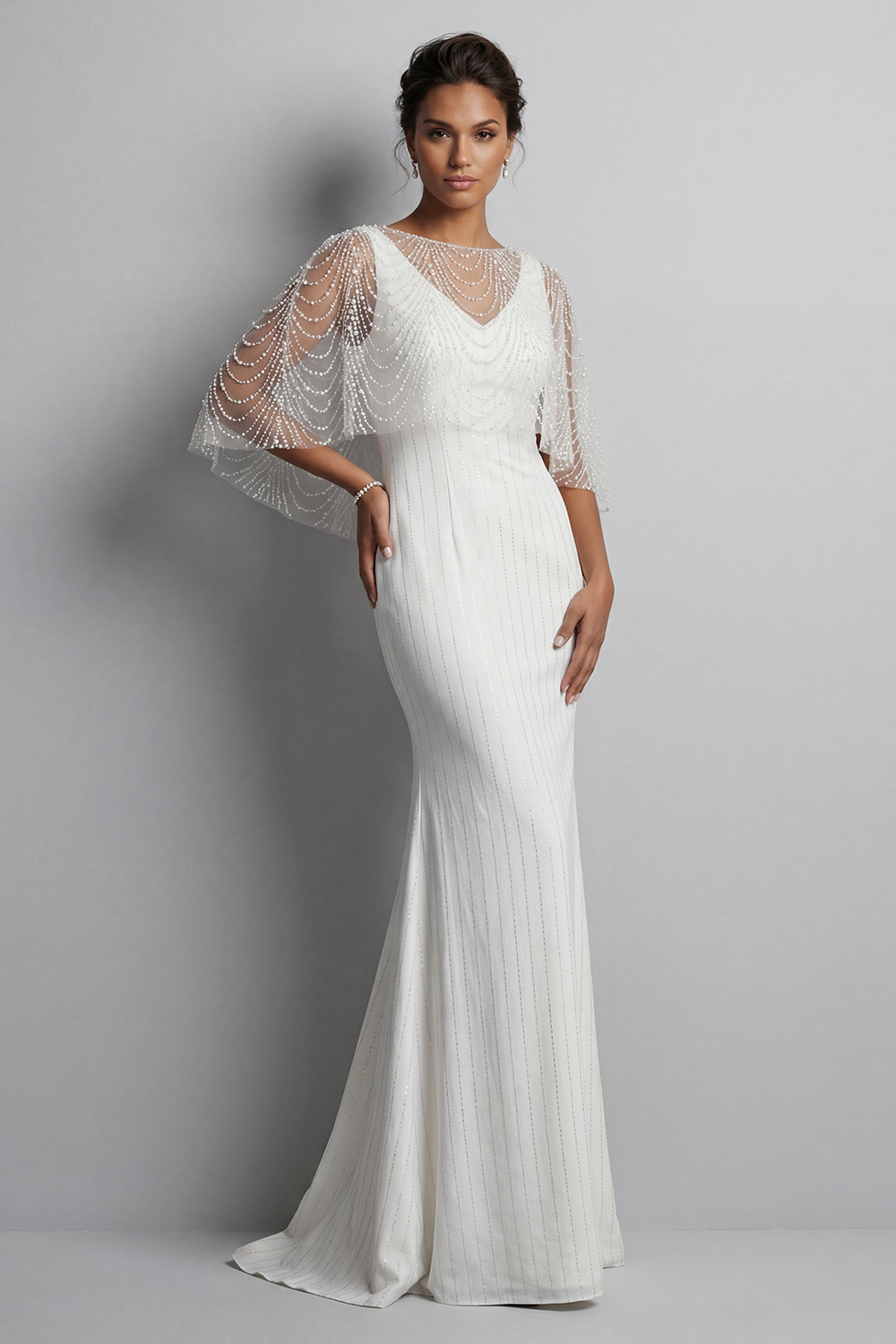 Sparkly White V-Neck Mermaid Long Beaded Mother of the Bride Dress with Pearls