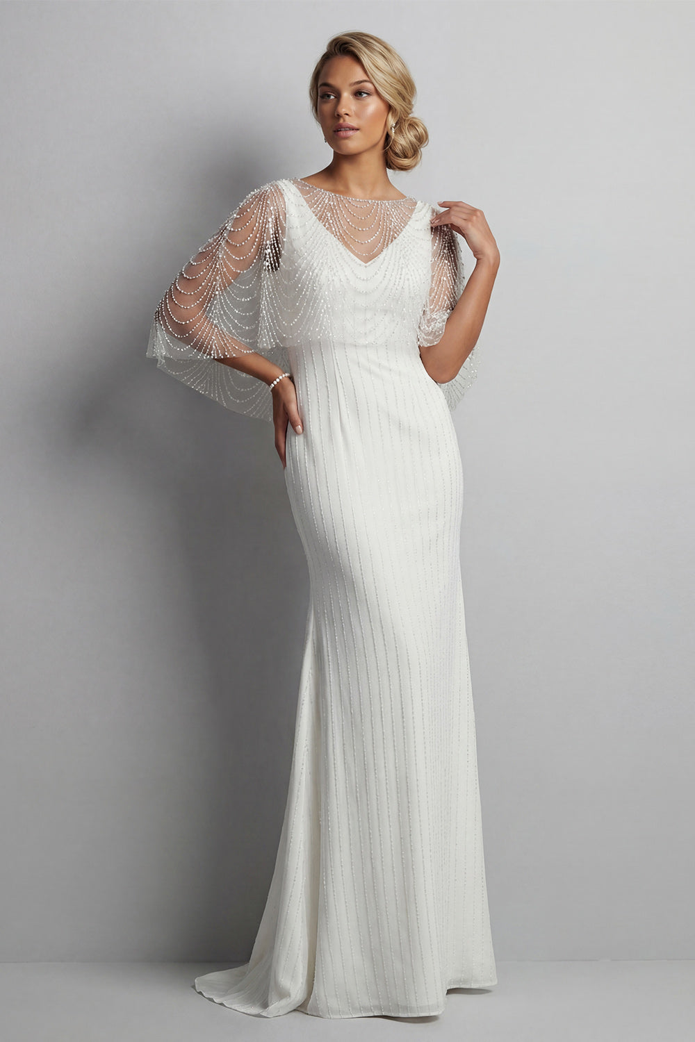 Sparkly White V-Neck Mermaid Long Beaded Mother of the Bride Dress with Pearls