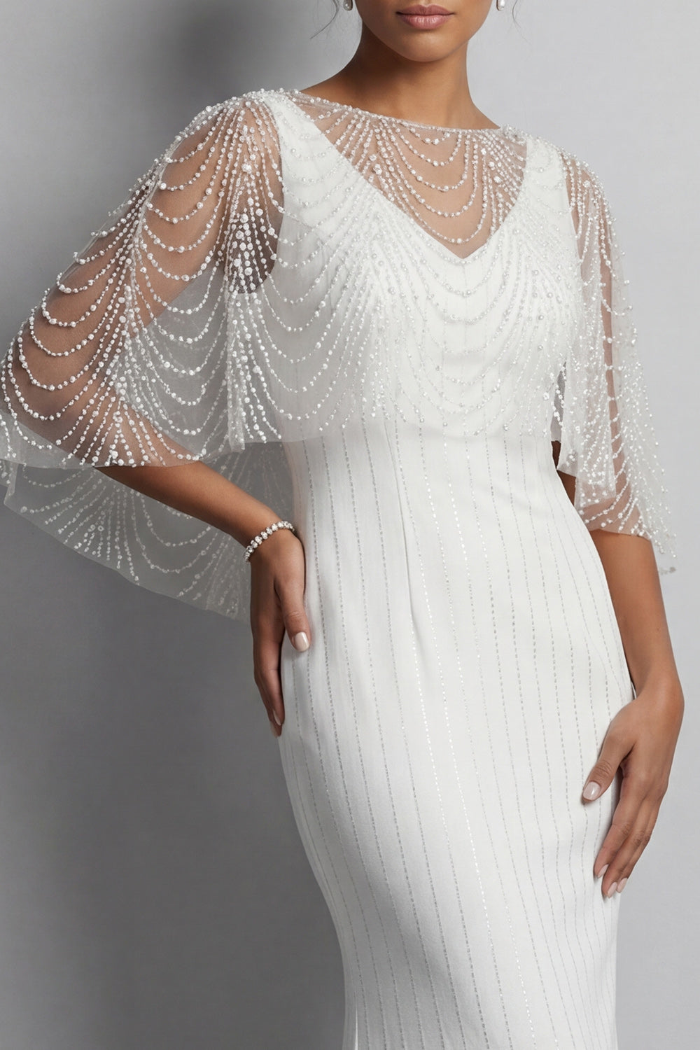Sparkly White V-Neck Mermaid Long Beaded Mother of the Bride Dress with Pearls
