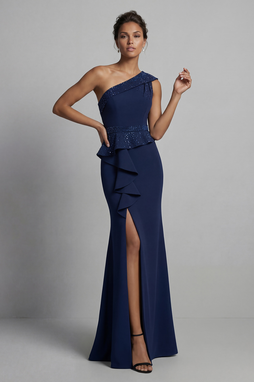 Navy One Shoulder Beaded Mermaid Long Mother of the Bride Dress with Ruffles