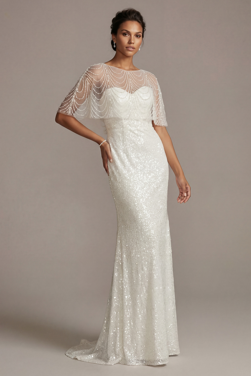 Sparkly White Boat Neck Mermaid Illusion Beaded Long Mother of the Bride Dress with Pearls