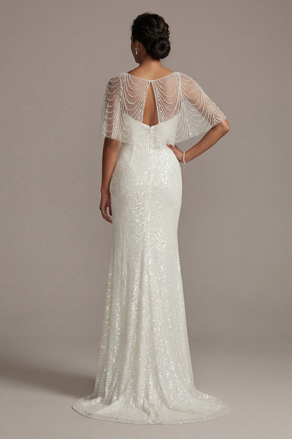 Sparkly White Boat Neck Mermaid Illusion Beaded Long Mother of the Bride Dress with Pearls