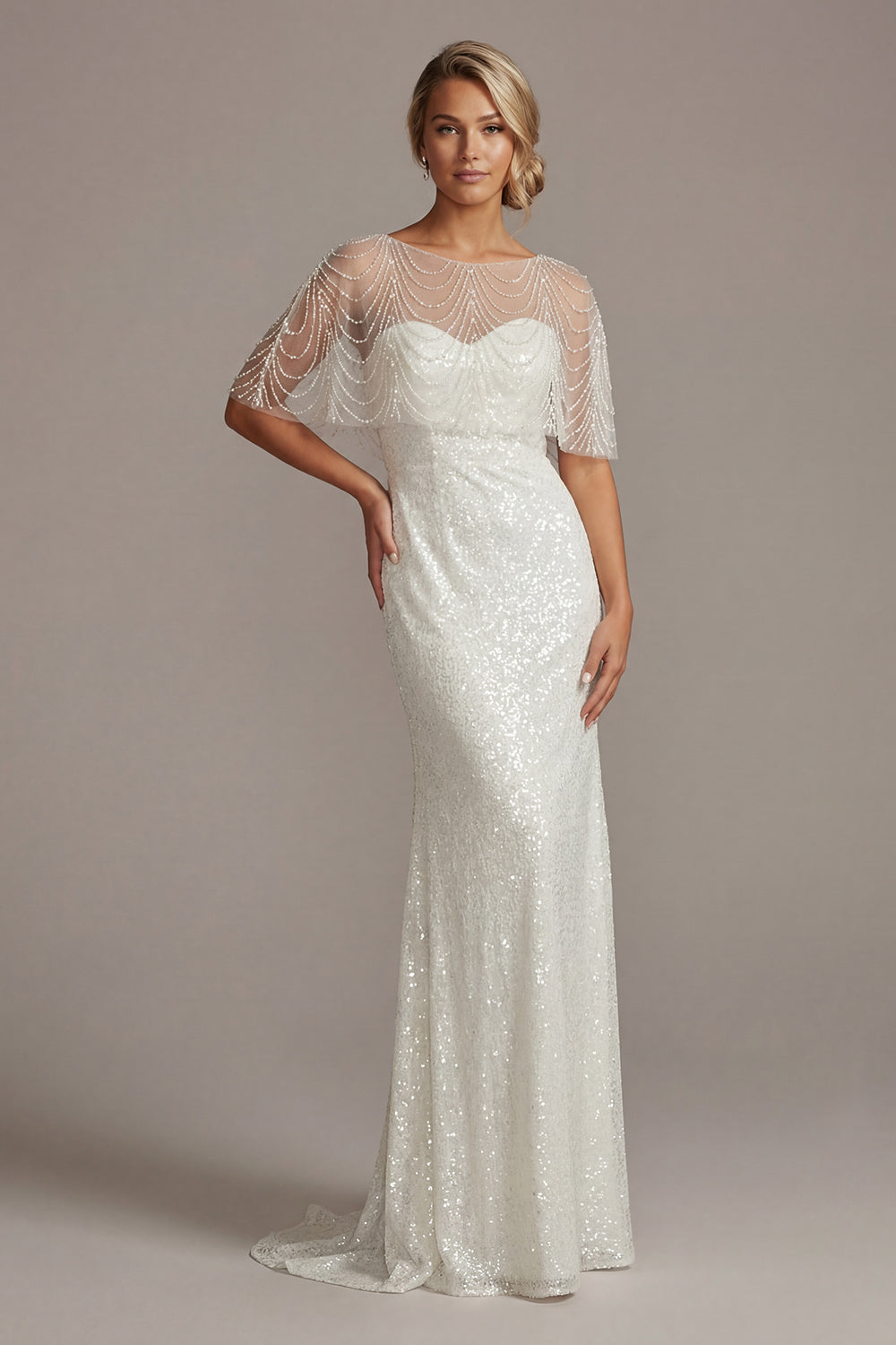 Sparkly White Boat Neck Mermaid Illusion Beaded Long Mother of the Bride Dress with Pearls