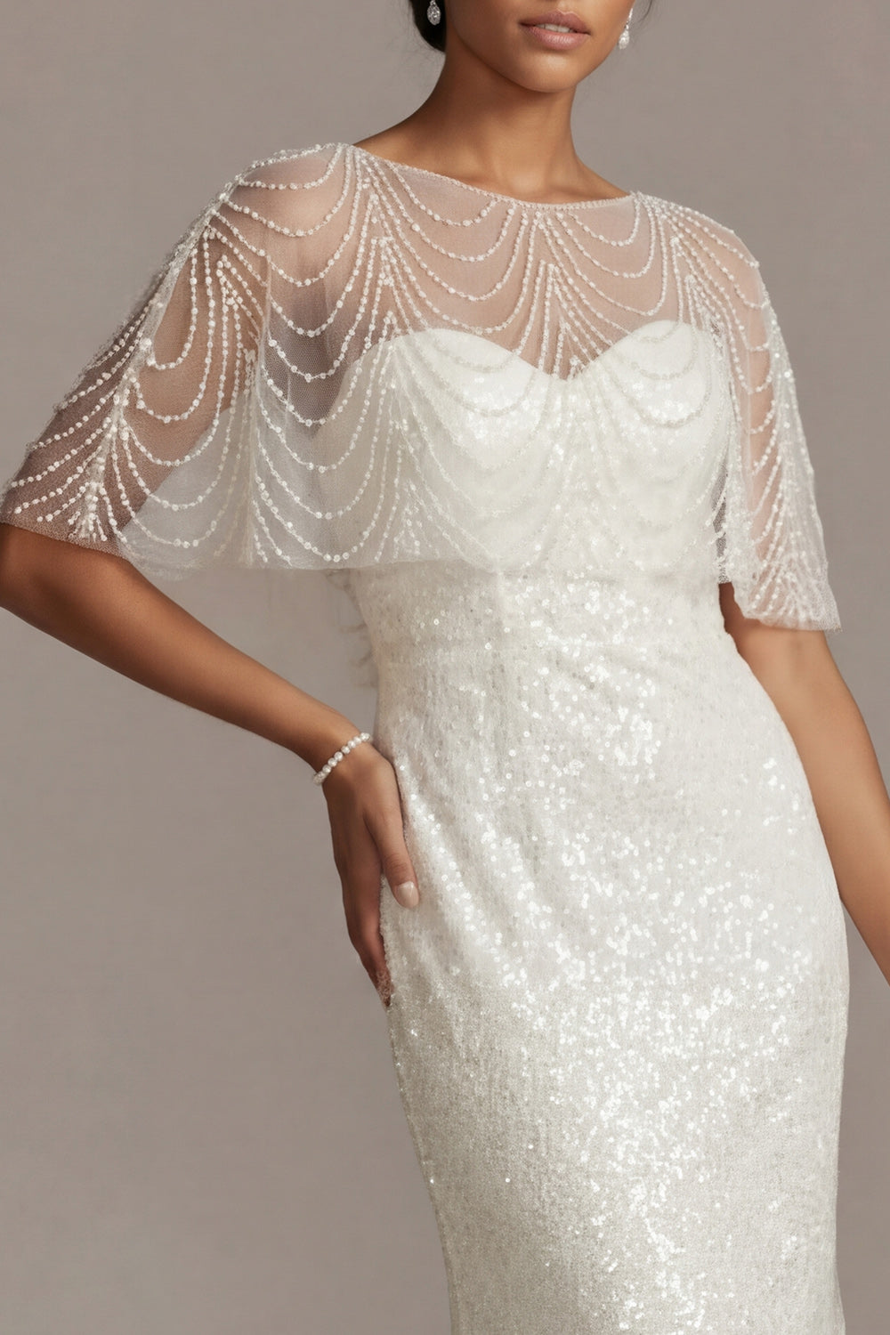 Sparkly White Boat Neck Mermaid Illusion Beaded Long Mother of the Bride Dress with Pearls