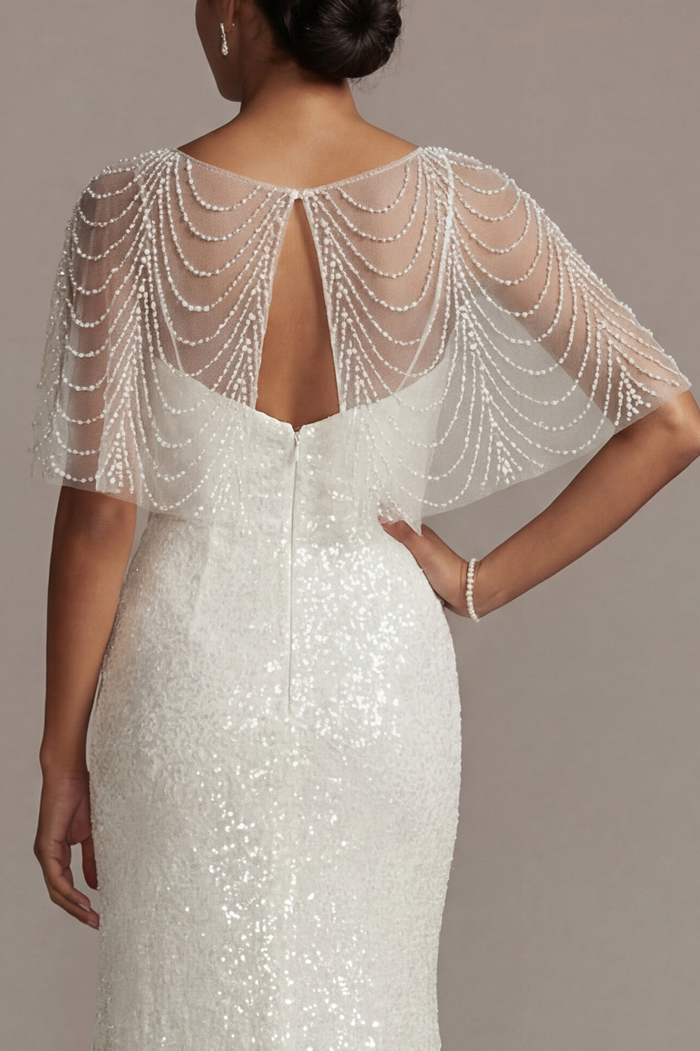 Sparkly White Boat Neck Mermaid Illusion Beaded Long Mother of the Bride Dress with Pearls