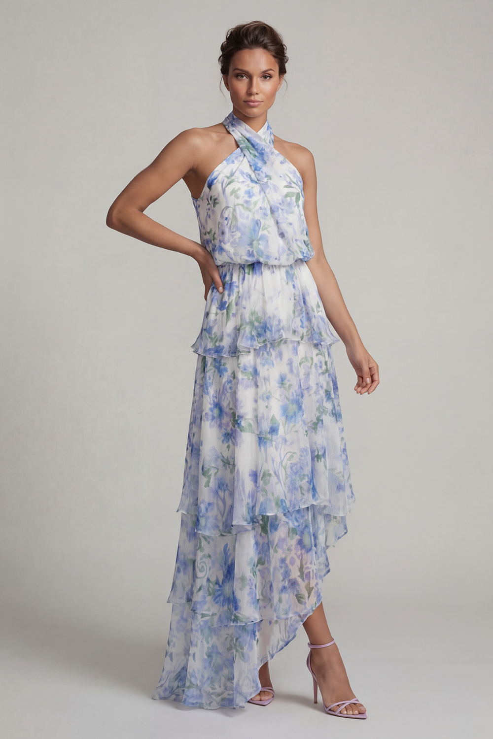 Light Blue Floral Halter Asymmetrical A Line Beach Wedding Guest Dress with Ruffles
