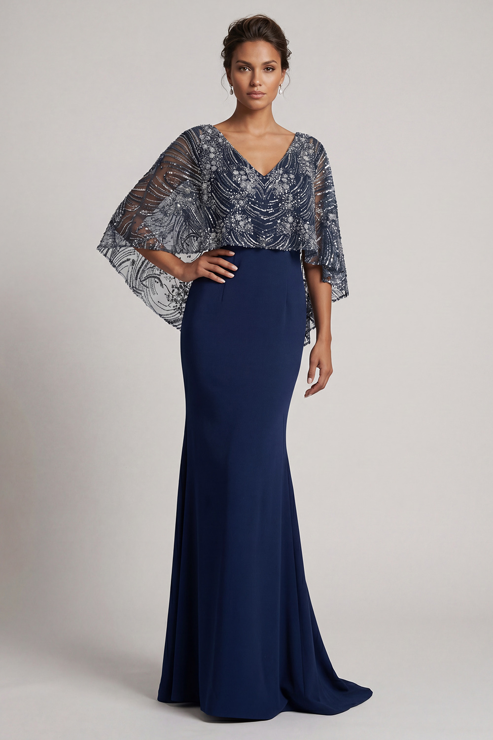 Sparkly Navy Beaded Mermaid V-Neck Long Mother of the Bride Dress with Cape