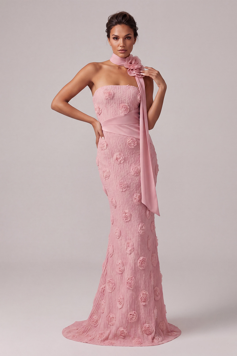 Pink Strapless Mermaid Floral Long Mother of the Bride Dress with 3D Flowers