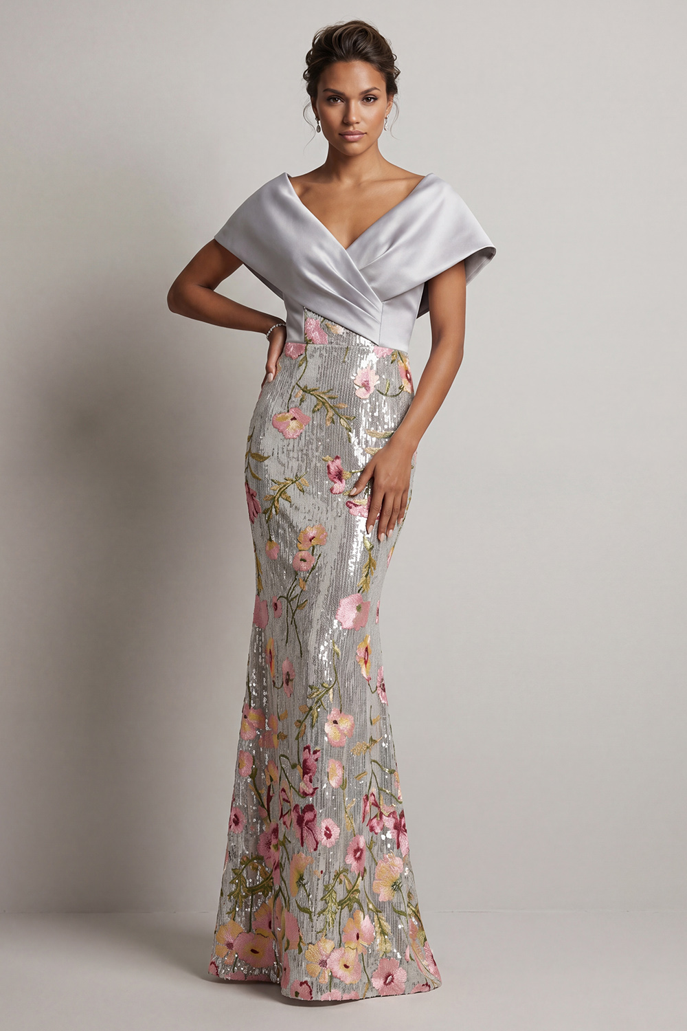 Sparkly Silver V-Neck Sequin Floral Long Mermaid Mother of the Bride Dress