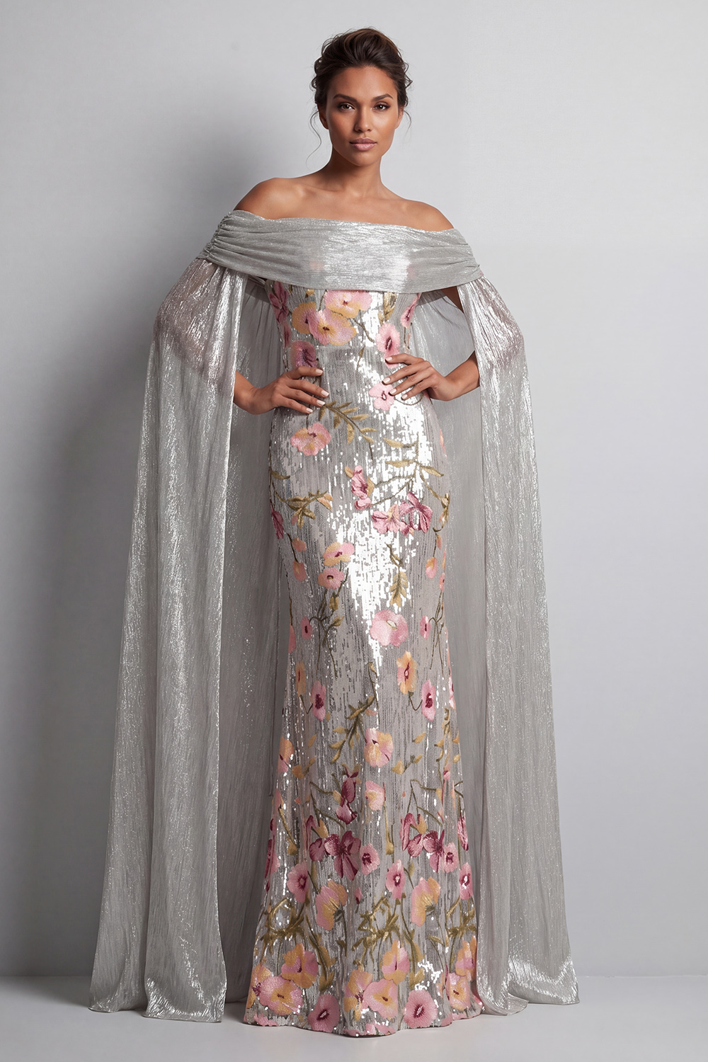 Sparkly Silver Floral Sequin Mermaid Long Mother of the Bride Dress with Cape