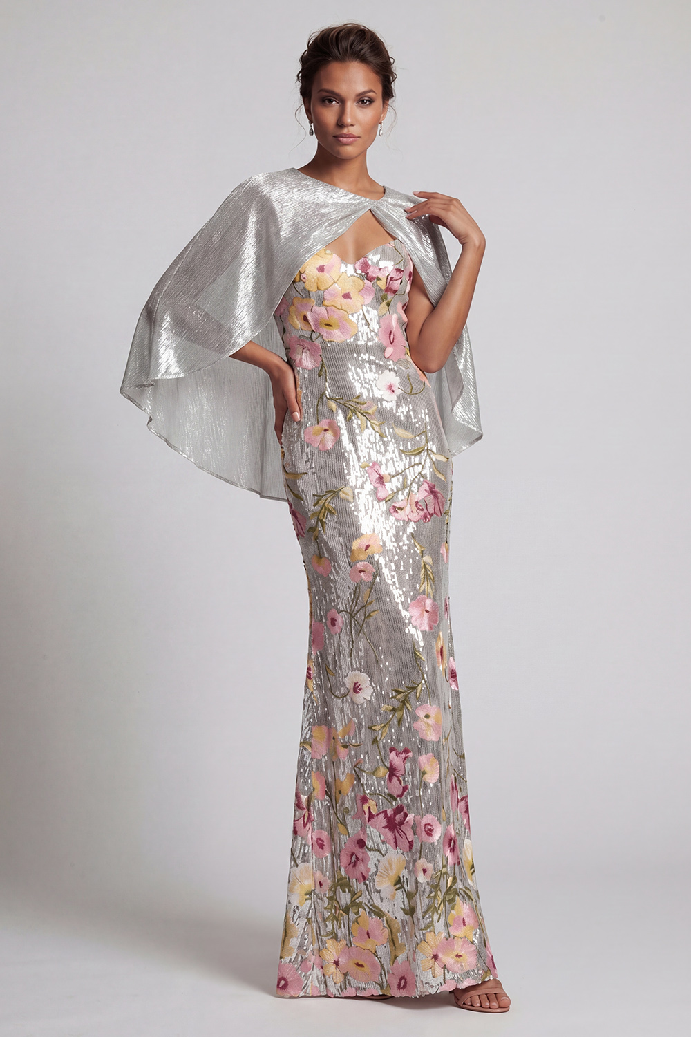 Sparkly Silver Sequin Long Mermaid Floral Mother of the Bride Dress with Cape