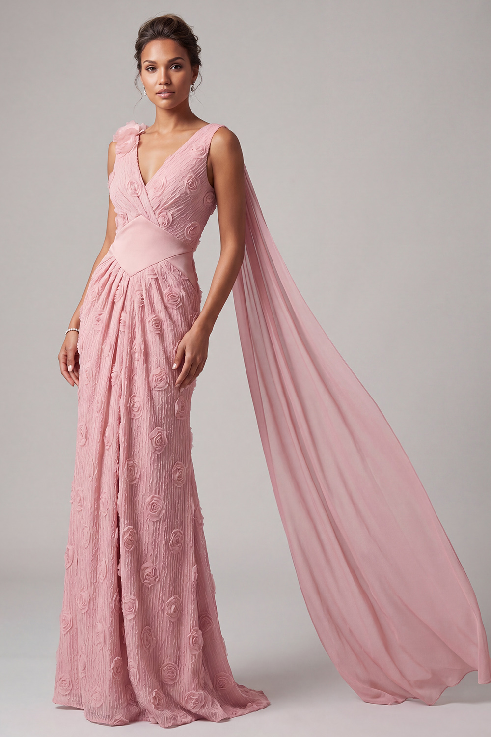 Pink V-Neck Mermaid Floral Long Mother of the Bride Dress with Side Cape