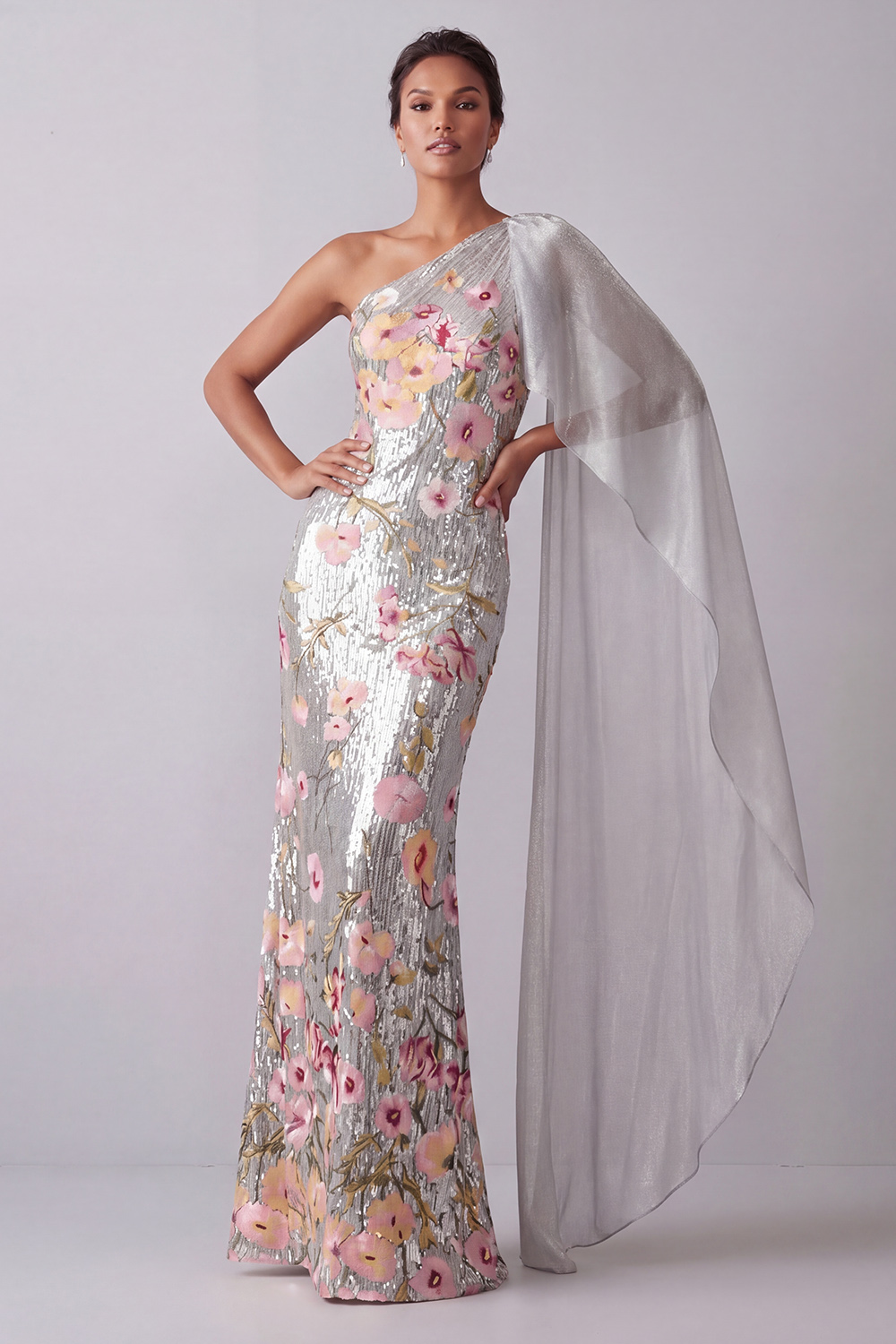 Sparkly Silver Floral Sequin Mermaid Long Mother of the Bride Dress with Side Cape