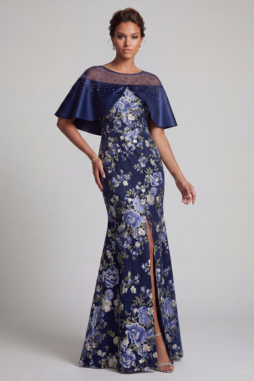 Navy Floral Beaded Mermaid Long Mother of the Bride Dress with Cape