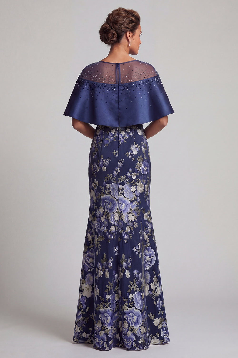 Navy Floral Beaded Mermaid Long Mother of the Bride Dress with Cape