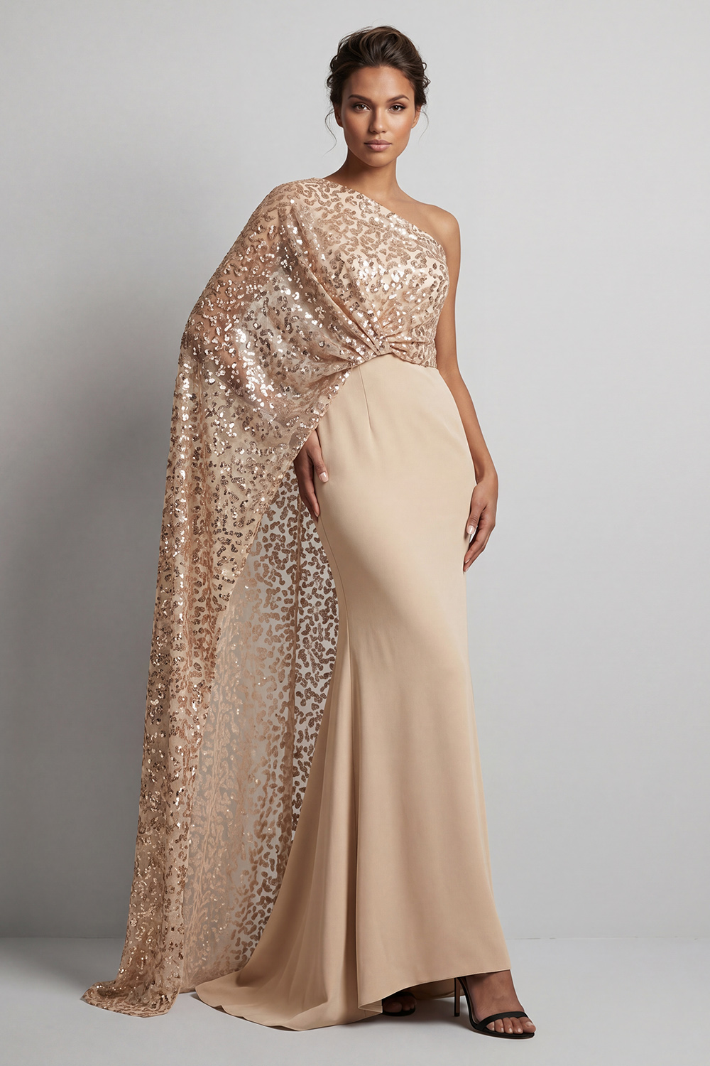 Sparkly Champagne Mermaid Long Beaded Mother of the Bride Dress with Side Cape