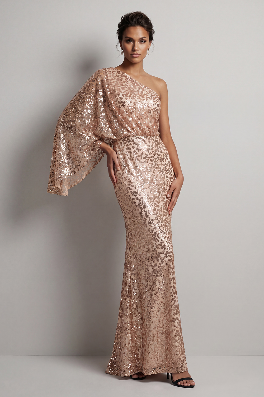 Sparkly Champagne Beaded Mermaid Long Mother of the Bride Dress with Side Cape