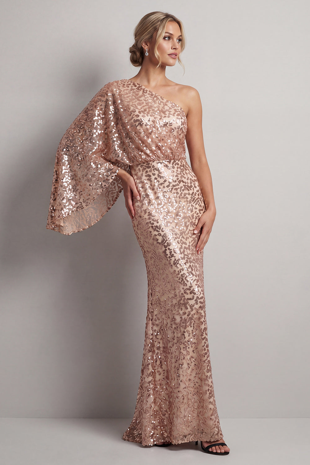 Sparkly Champagne Beaded Mermaid Long Mother of the Bride Dress with Side Cape