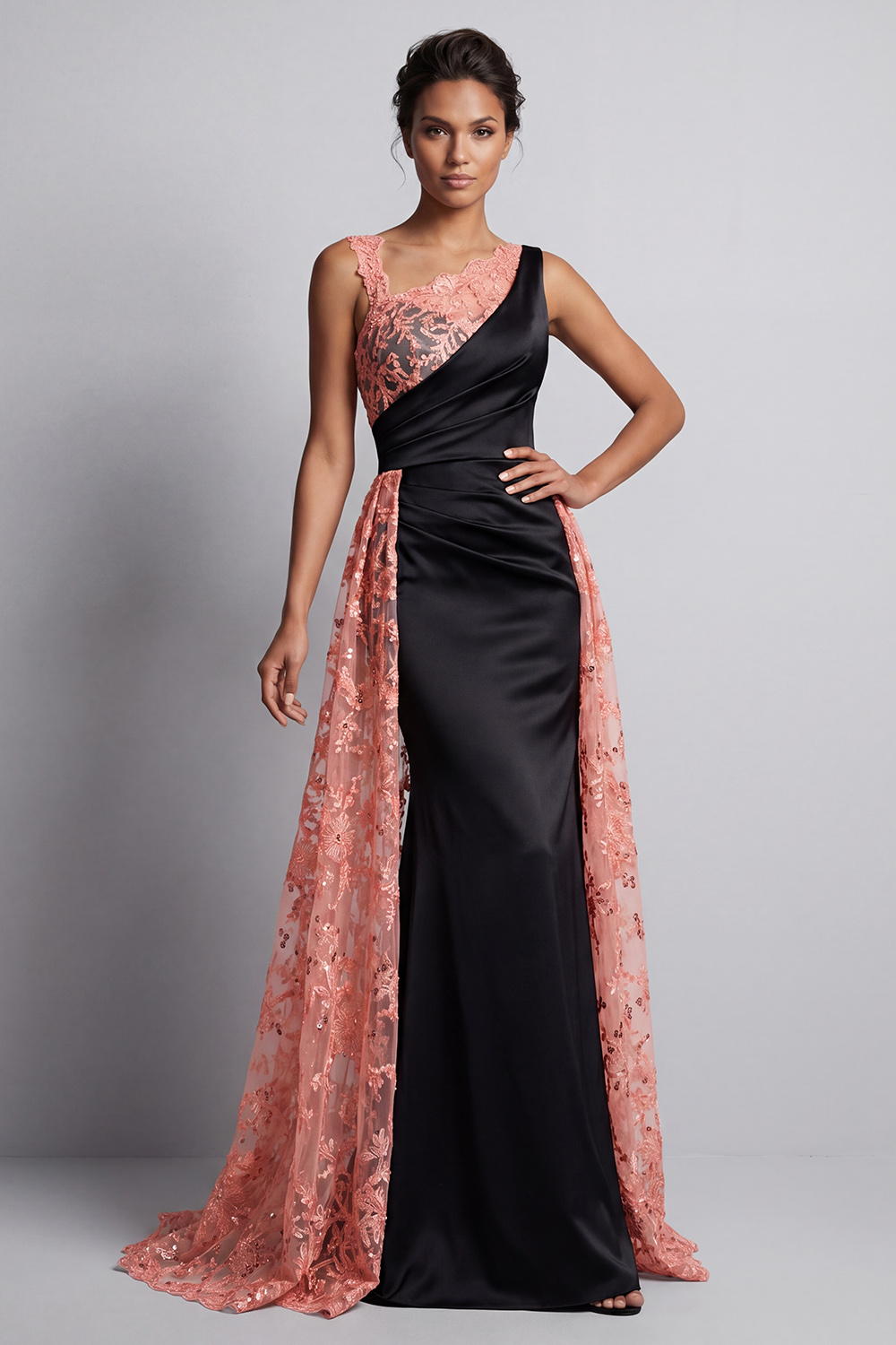 Sparkly Watermelon Mermaid Floral Long Mother of the Bride Dress with Cape