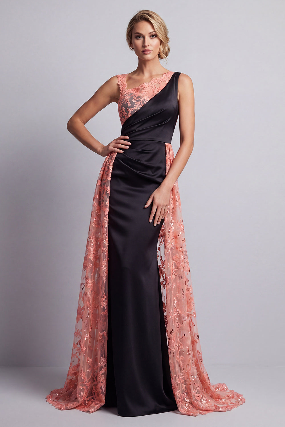 Sparkly Watermelon Mermaid Floral Long Mother of the Bride Dress with Cape