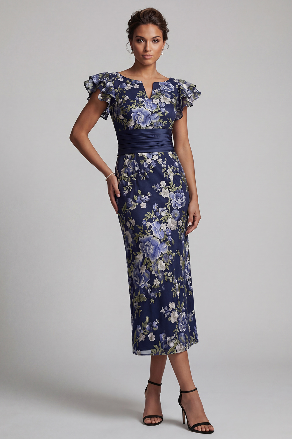 Navy Sheath Floral Maxi Mother of the Bride Dress with Ruffles