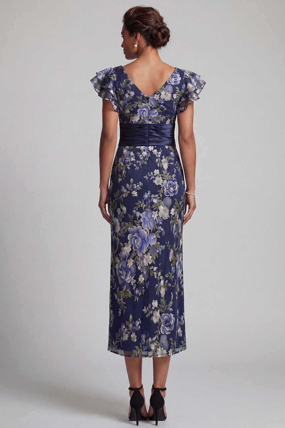 Navy Sheath Floral Maxi Mother of the Bride Dress with Ruffles