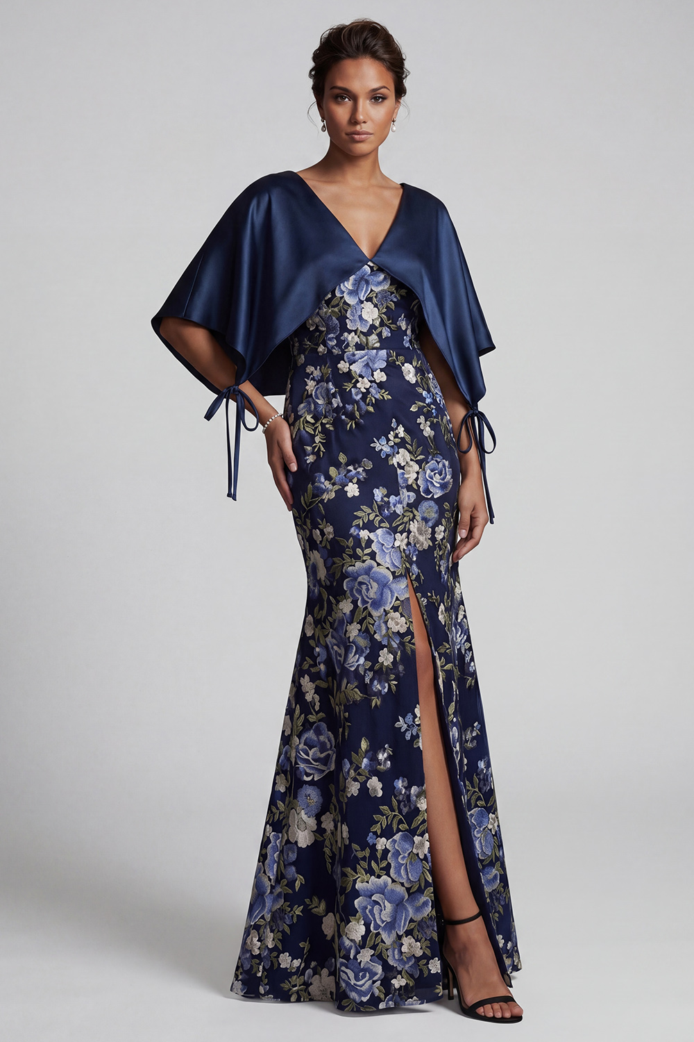 Navy Floral Mermaid V-Neck Long Mother of the Bride Dress with Cape