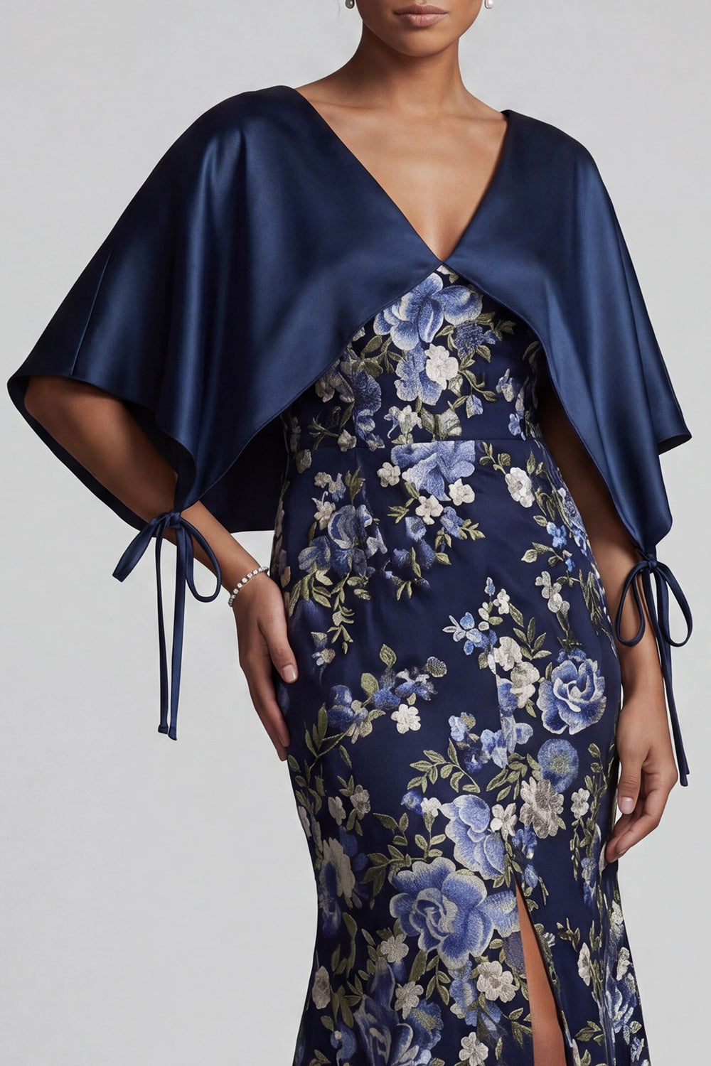 Navy Floral Mermaid V-Neck Long Mother of the Bride Dress with Cape