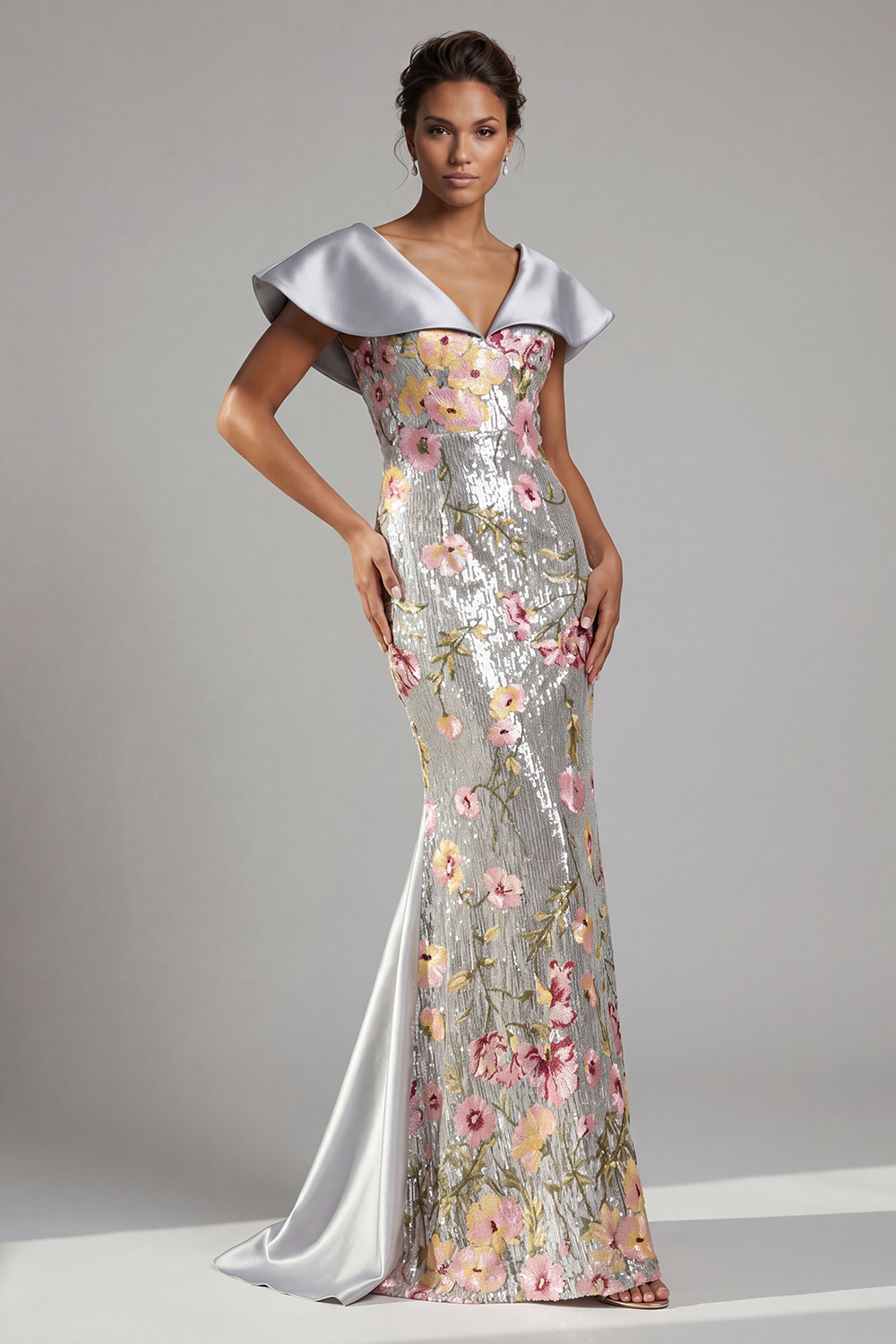Sparkly Silver V-Neck Sequin Floral Long Mermaid Mother of the Bride Dress with Cape